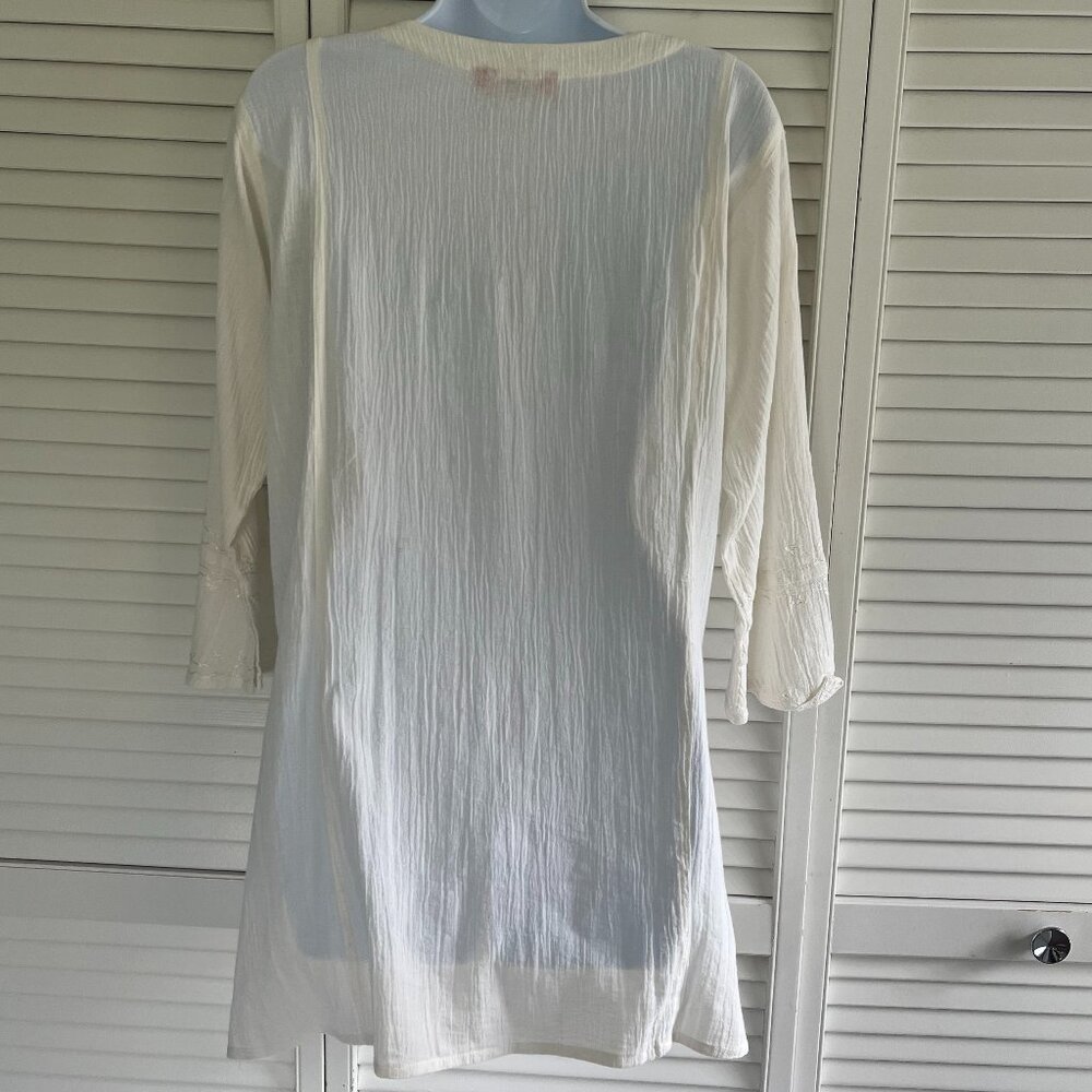 White Beaded Crinkle Cotton Long Sleeve Tunic ( India) Size 12 NWOT - Picture 3 of 6